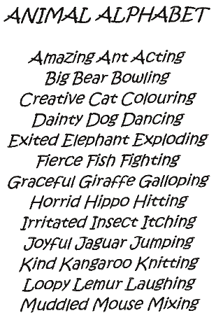 Animal Alphabet, a poem by Miss Ellen May Dunbavin