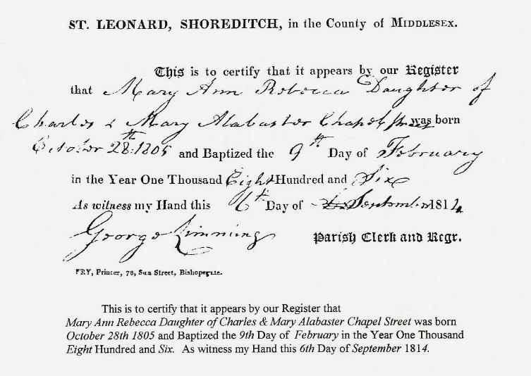 Click to enlarge: Mary Ann Rebecca Alabaster, Baptism  Certificate